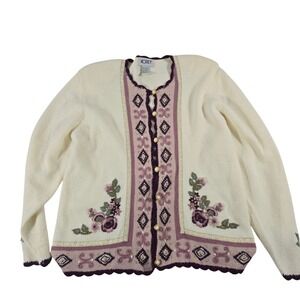Koret Womens Floral Embroidered Cardigan Sweater Cream Purple Scalloped Size‎ M